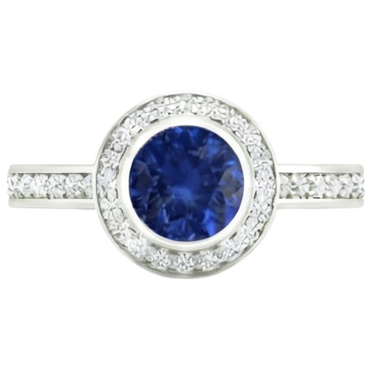 Bague de fiançailles diamant saphir de Ceylan avec lunette 14 carats 3.42 carats