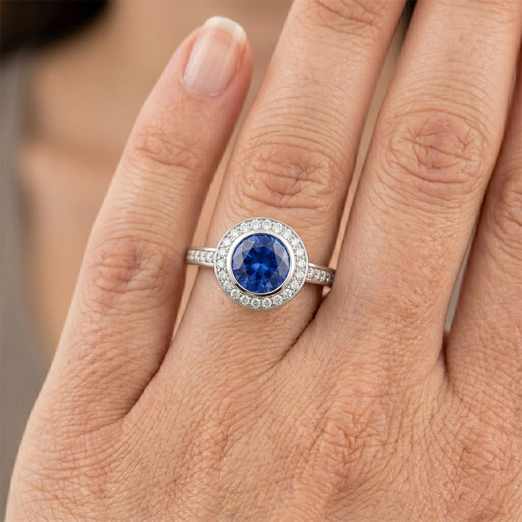 Bague de fiançailles diamant saphir de Ceylan avec lunette 14 carats 3.42 carats