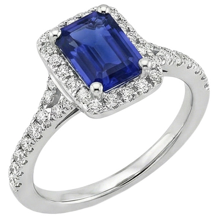Bague de fiançailles diamant saphir de Ceylan émeraude bleue 3 carats