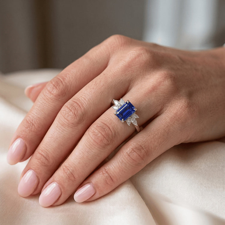 Bague de fiançailles diamant saphir du Sri Lanka émeraude 2.50 carats