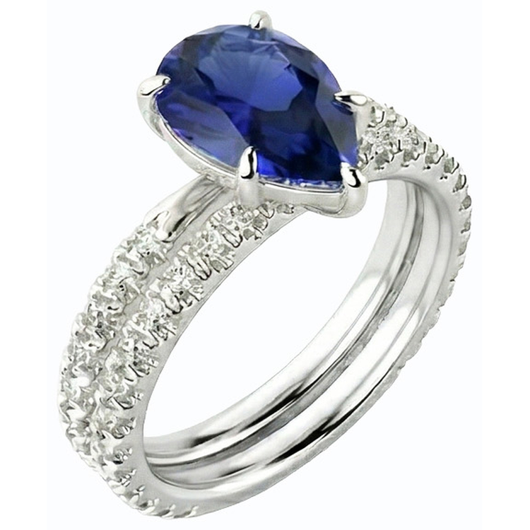 Bague de fiançailles diamant sertie poire saphir du Sri Lanka 3.50 carats