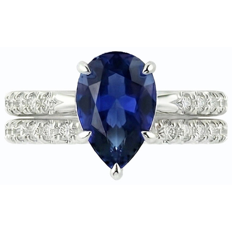 Bague de fiançailles diamant sertie poire saphir du Sri Lanka 3.50 carats