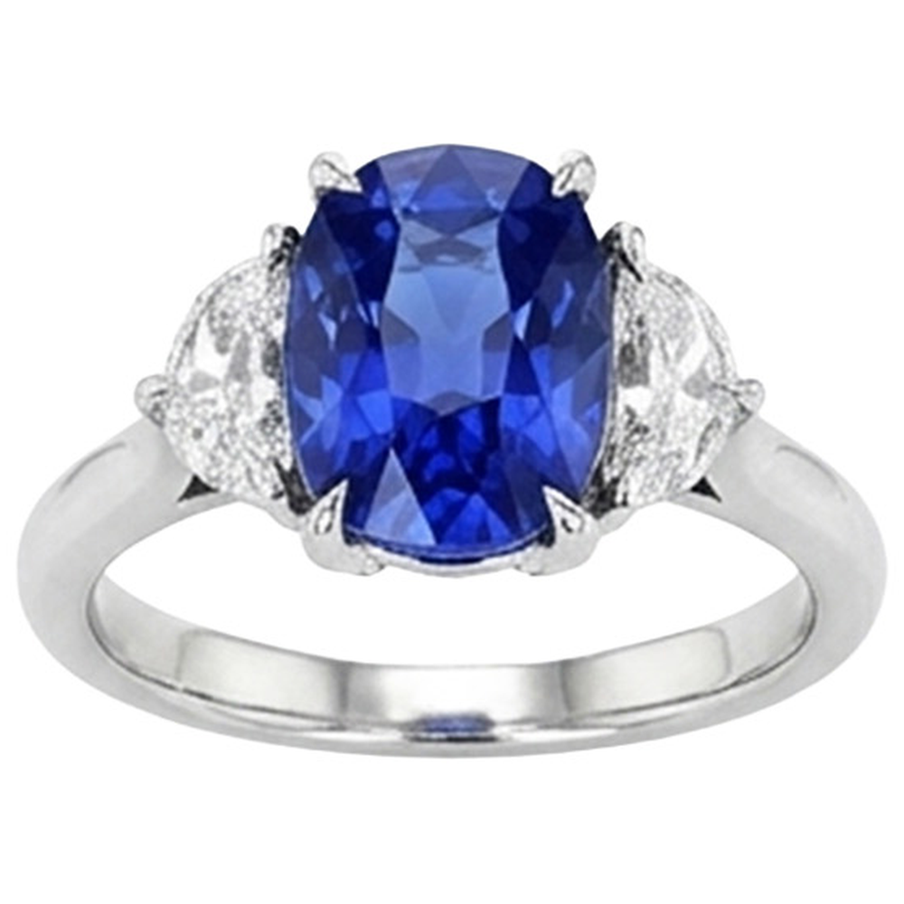 Bague de fiançailles diamant trois pierres et saphir bleu Or 8 carats 14K