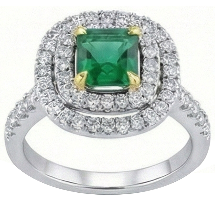 Bague de fiançailles diamant vert émeraude deux tons 3.70 carats