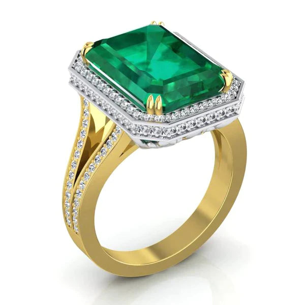 Bague de fiançailles émeraude Vert et diamant de Zambie 11.50 carats bicolore 14K