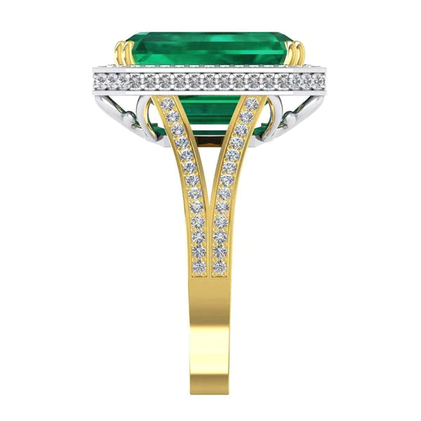 Bague de fiançailles émeraude Vert et diamant de Zambie 11.50 carats bicolore 14K