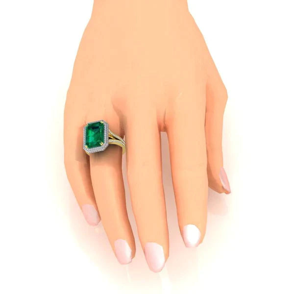 Bague de fiançailles émeraude Vert et diamant de Zambie 11.50 carats bicolore 14K