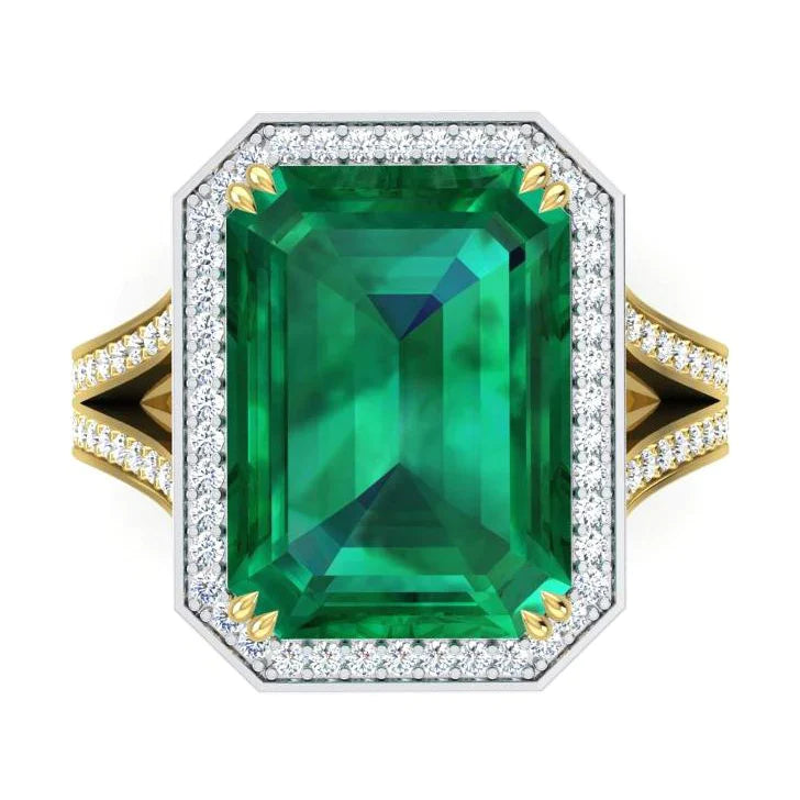 Bague de fiançailles émeraude Vert et diamant de Zambie 11.50 carats bicolore 14K