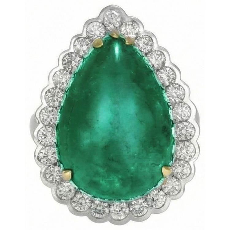 Bague de fiançailles émeraude Vert taille poire et diamants ronds 7.75 carats