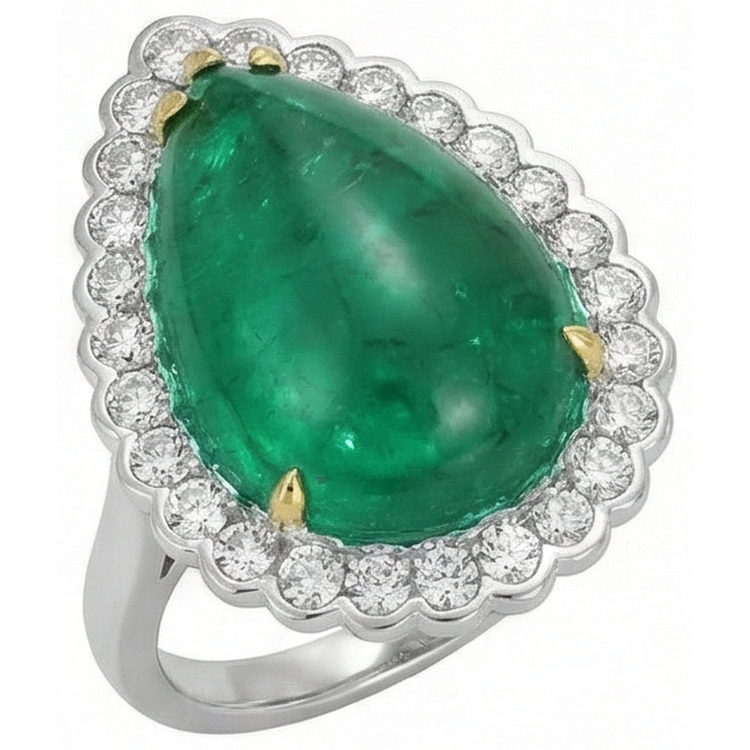 Bague de fiançailles émeraude Vert taille poire et diamants ronds 7.75 carats