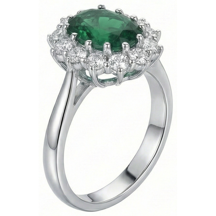 Bague de fiançailles émeraude verte avec diamants 3.50 carats or blanc 14K