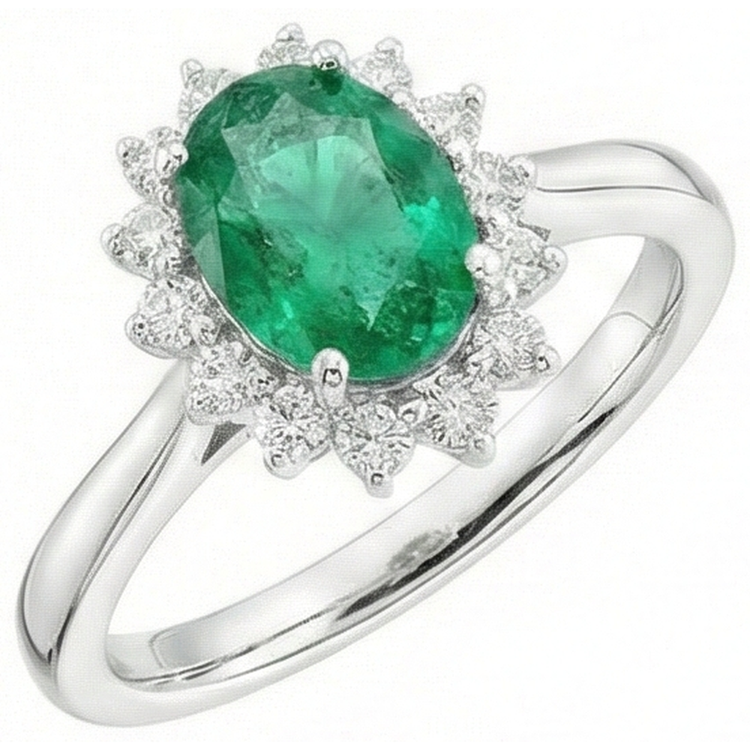 Bague de fiançailles émeraude verte et diamants de 6.75 carats en or blanc 14k