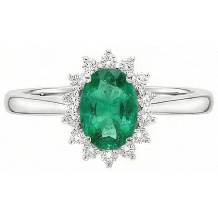 Bague de fiançailles émeraude verte et diamants de 6.75 carats en or blanc 14k