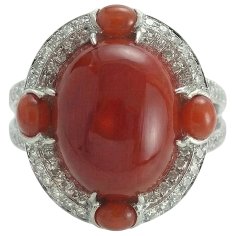 Bague de fiançailles en corail naturel et diamants 10 ct en or blanc 14K