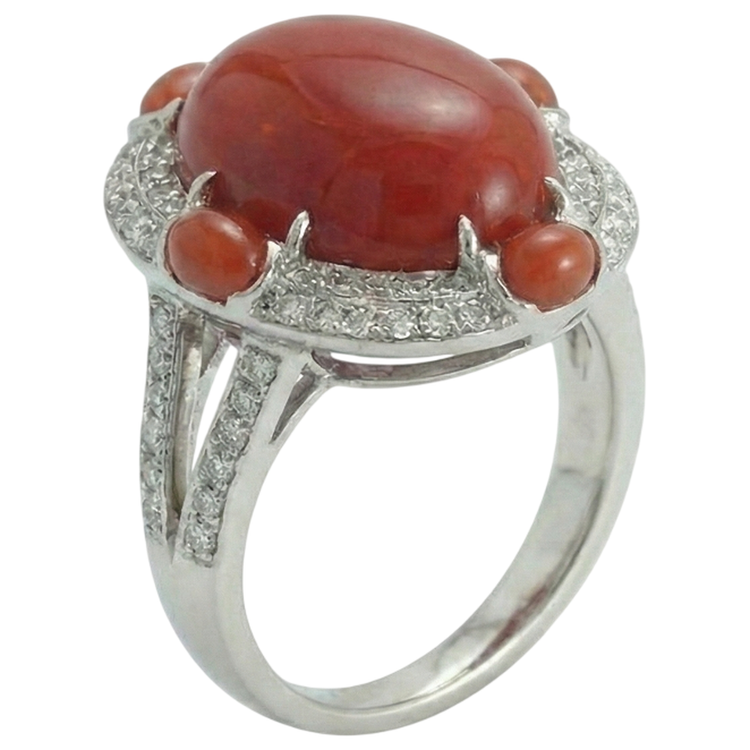 Bague de fiançailles en corail naturel et diamants 10 ct en or blanc 14K