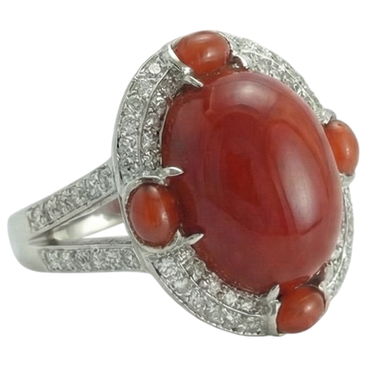 Bague de fiançailles en corail naturel et diamants 10 ct en or blanc 14K