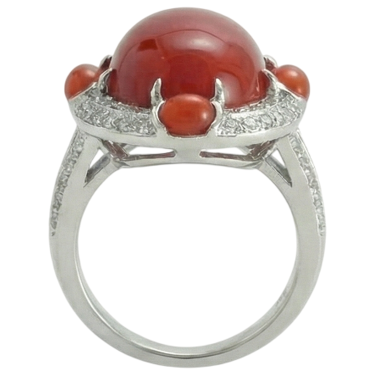 Bague de fiançailles en corail naturel et diamants 10 ct en or blanc 14K