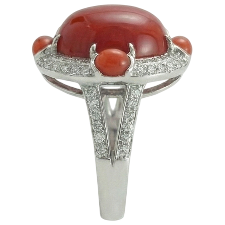 Bague de fiançailles en corail naturel et diamants 10 ct en or blanc 14K