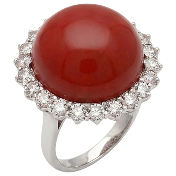 Bague de fiançailles en gros corail rouge et diamants de 15.25 ct en or blanc 14K
