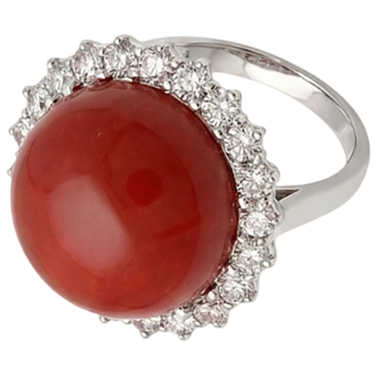Bague de fiançailles en gros corail rouge et diamants de 15.25 ct en or blanc 14K