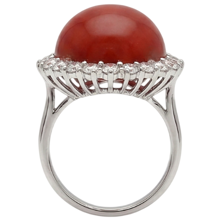Bague de fiançailles en gros corail rouge et diamants de 15.25 ct en or blanc 14K