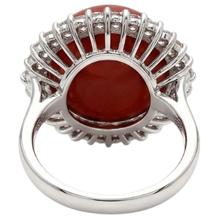 Bague de fiançailles en gros corail rouge et diamants de 15.25 ct en or blanc 14K