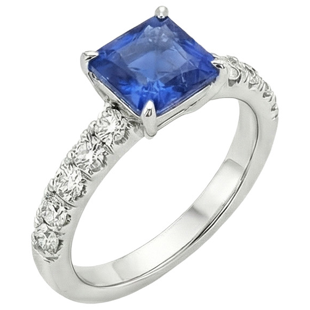Bague de fiançailles en or pour femme sertie de griffes Asscher bleu saphir 2.75 carats
