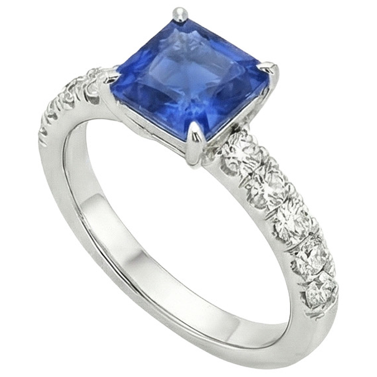 Bague de fiançailles en or pour femme sertie de griffes Asscher bleu saphir 2.75 carats