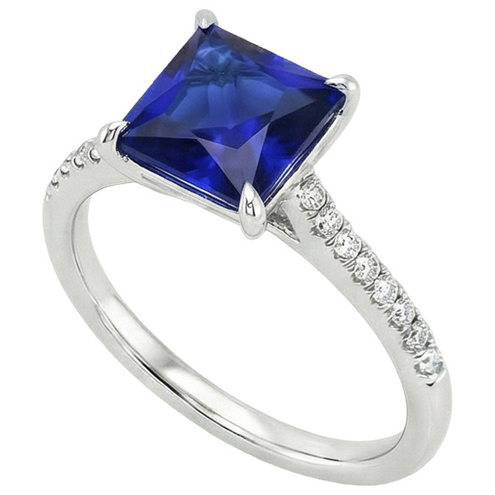 Bague de fiançailles en or princesse saphir bleu et diamant pour femme 5.50 carats
