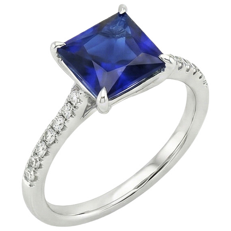 Bague de fiançailles en or princesse saphir bleu et diamant pour femme 5.50 carats