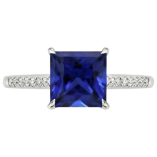 Bague de fiançailles en or princesse saphir bleu et diamant pour femme 5.50 carats