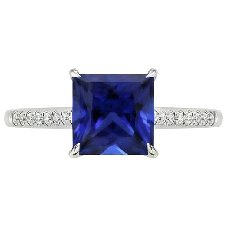 Bague de fiançailles en or princesse saphir bleu et diamant pour femme 5.50 carats