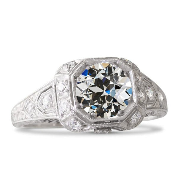 Bague de fiançailles en or rond avec Réel diamants taille ancienne 2.50 carats tige millegrain