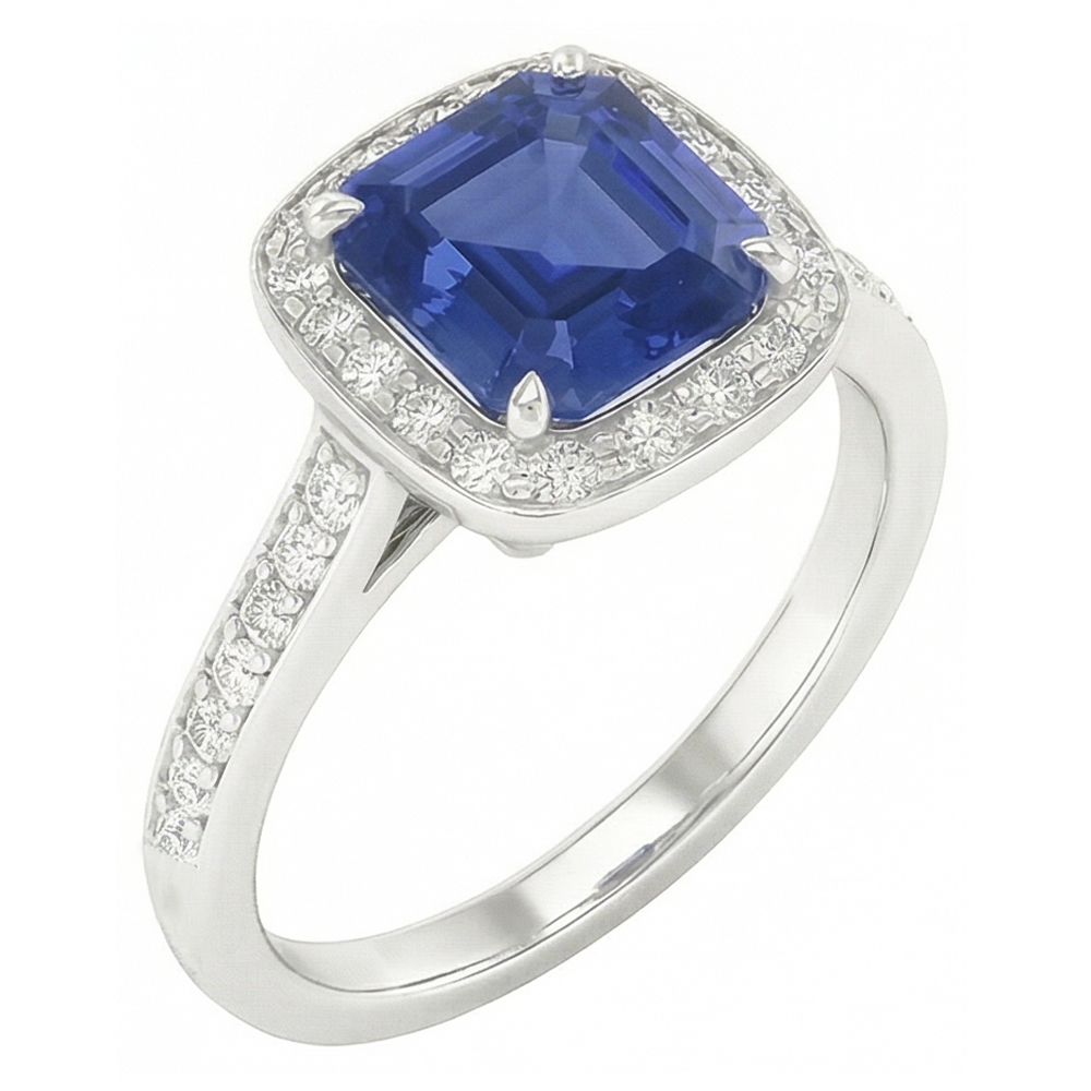 Bague de fiançailles en saphir bleu Asscher avec halo de diamants ronds 1.75 carats