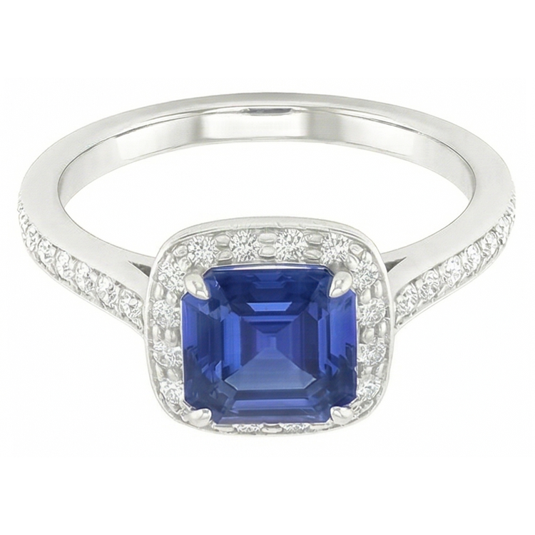 Bague de fiançailles en saphir bleu Asscher avec halo de diamants ronds 1.75 carats