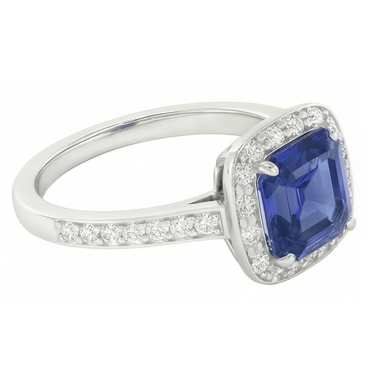 Bague de fiançailles en saphir bleu Asscher avec halo de diamants ronds 1.75 carats