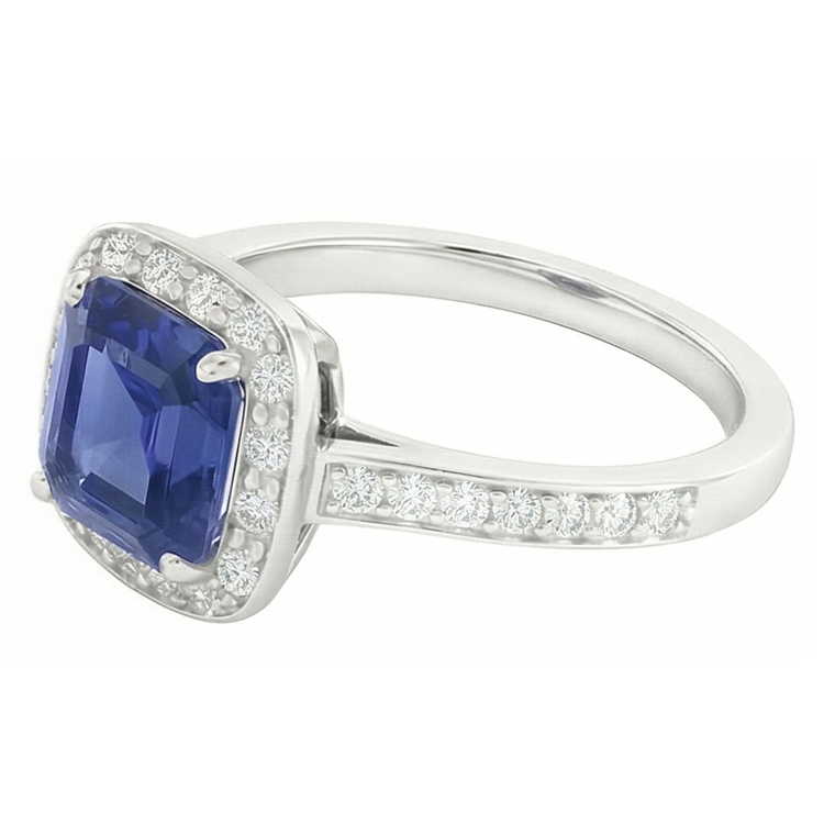 Bague de fiançailles en saphir bleu Asscher avec halo de diamants ronds 1.75 carats