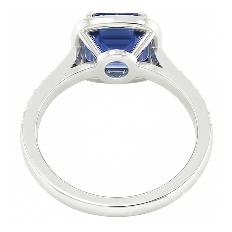 Bague de fiançailles en saphir bleu Asscher avec halo de diamants ronds 1.75 carats