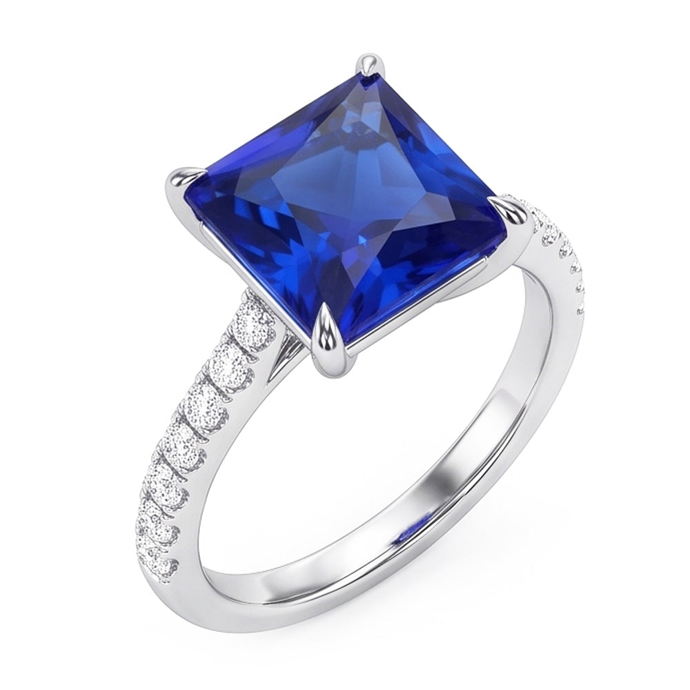 Bague de fiançailles en saphir bleu avec pavé de diamants 6 carats
