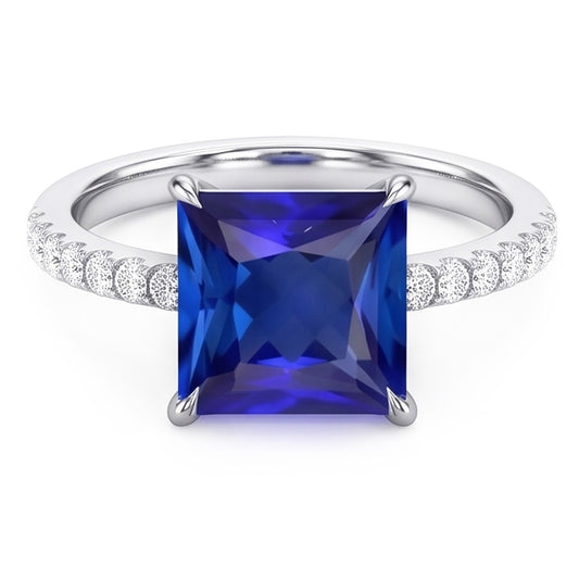 Bague de fiançailles en saphir bleu avec pavé de diamants 6 carats