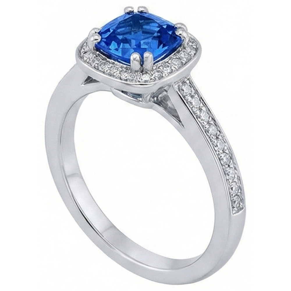 Bague de fiançailles en saphir bleu de Ceylan de 3.35 carats et diamants ronds