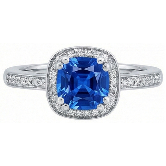 Bague de fiançailles en saphir bleu de Ceylan de 3.35 carats et diamants ronds