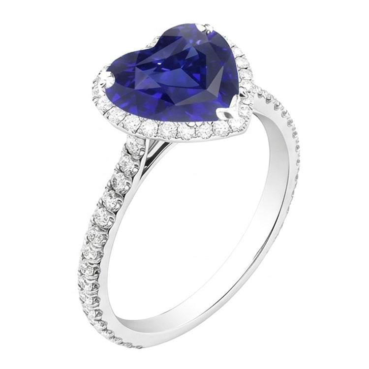 Bague de fiançailles en saphir de Ceylan avec cœur Halo. bijoux en diamant de 4.50 carats
