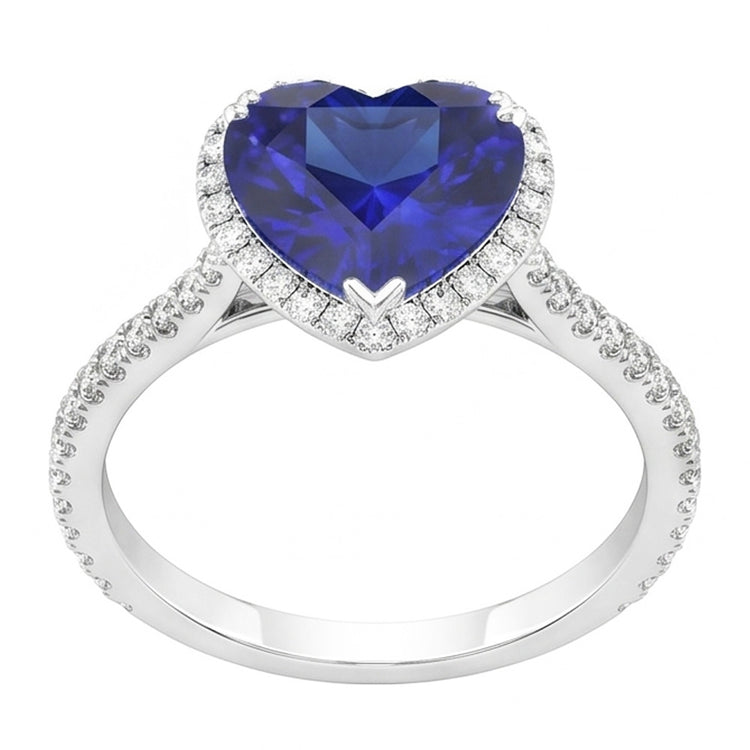 Bague de fiançailles en saphir de Ceylan avec cœur Halo. bijoux en diamant de 4.50 carats