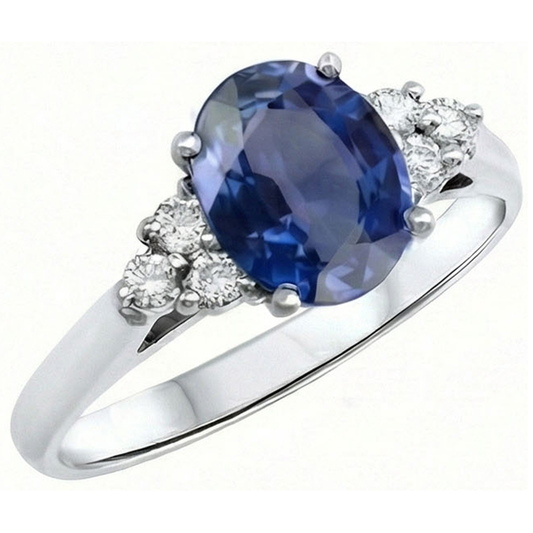 Bague de fiançailles en saphir de Ceylan taille ovale et diamants ronds 3.40 ct