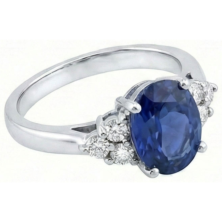 Bague de fiançailles en saphir de Ceylan taille ovale et diamants ronds 3.40 ct