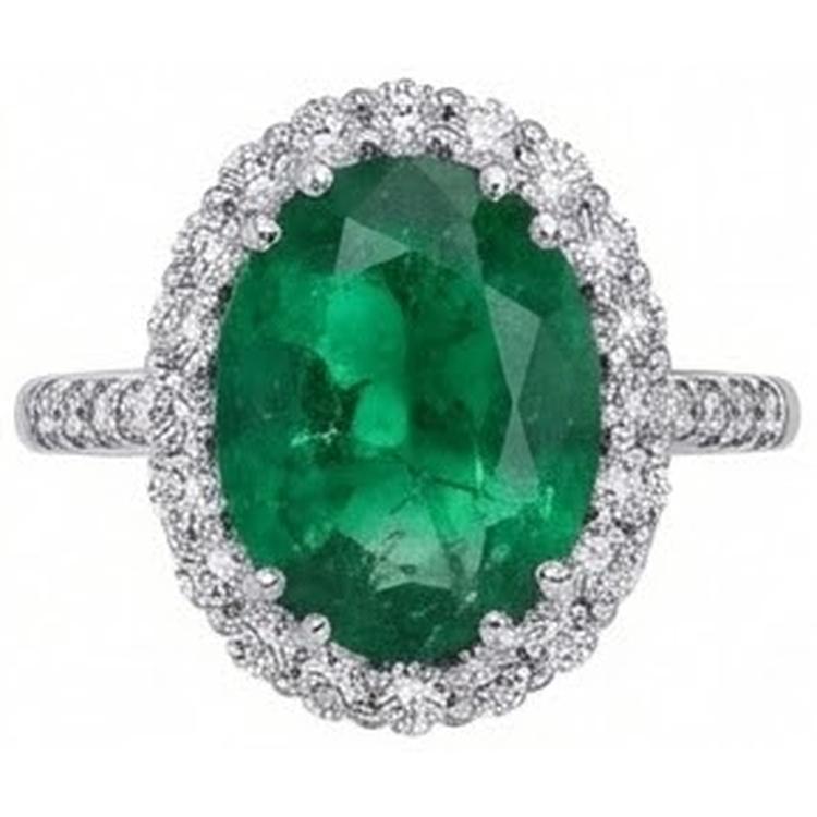 Bague de fiançailles grosse émeraude Vert avec diamants 4.25 carats or blanc 14k