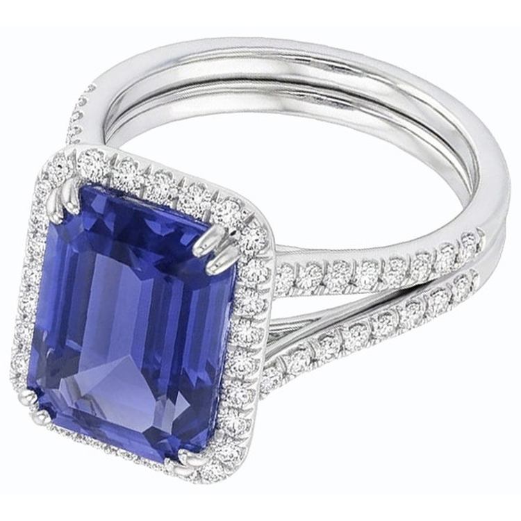 Bague de fiançailles halo bleu saphir sertie de 4.50 carats avec bande de diamants