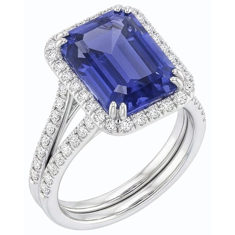 Bague de fiançailles halo bleu saphir sertie de 4.50 carats avec bande de diamants
