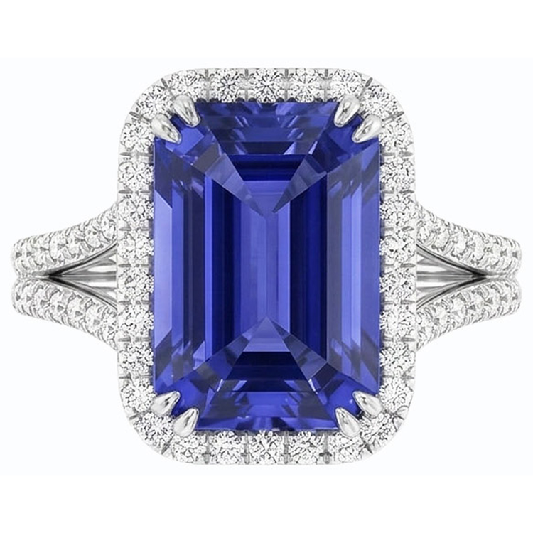 Bague de fiançailles halo bleu saphir sertie de 4.50 carats avec bande de diamants
